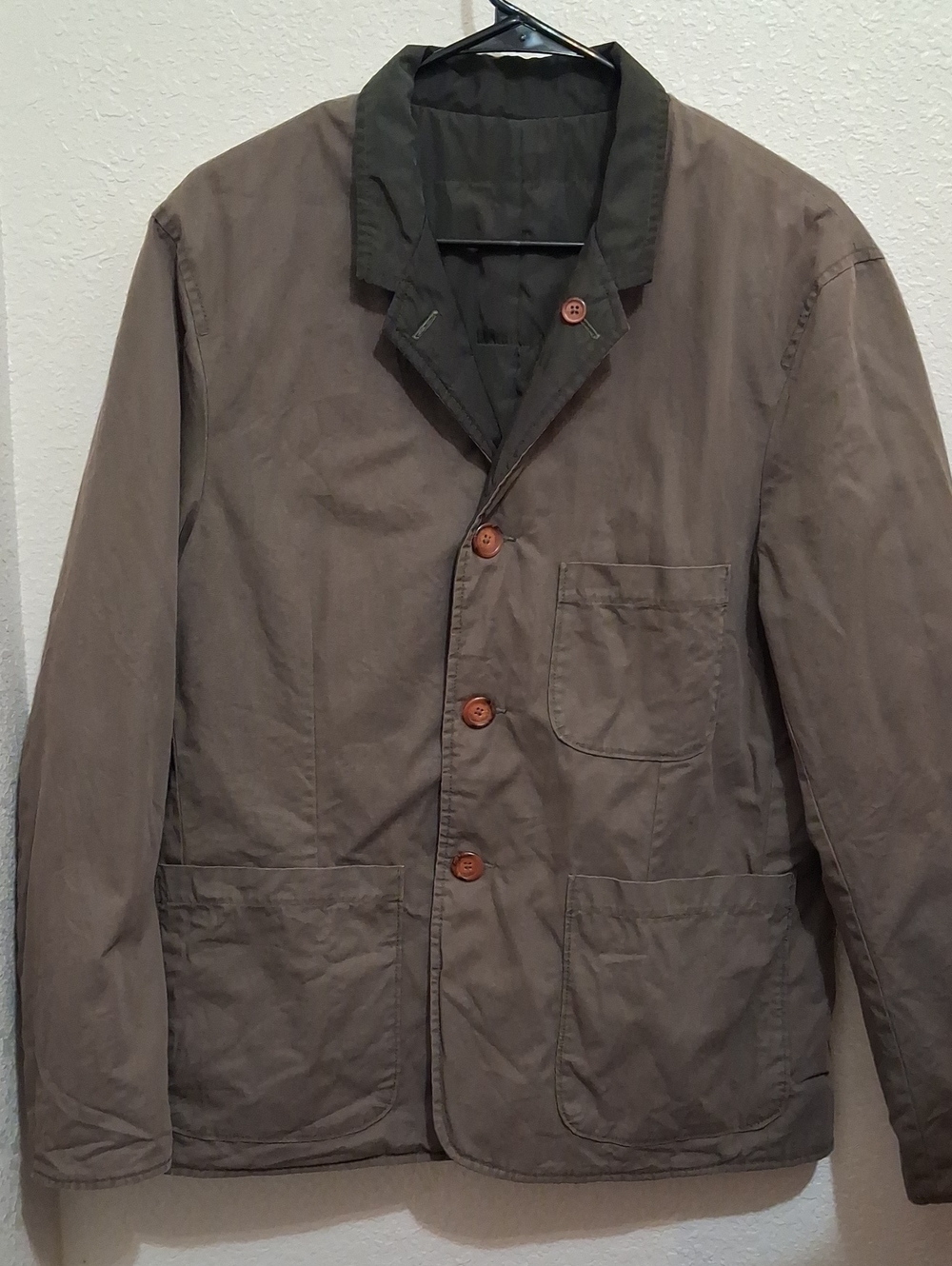 Universal Works London Reversible Chore Style Field Jacket in Brown/Olive. M